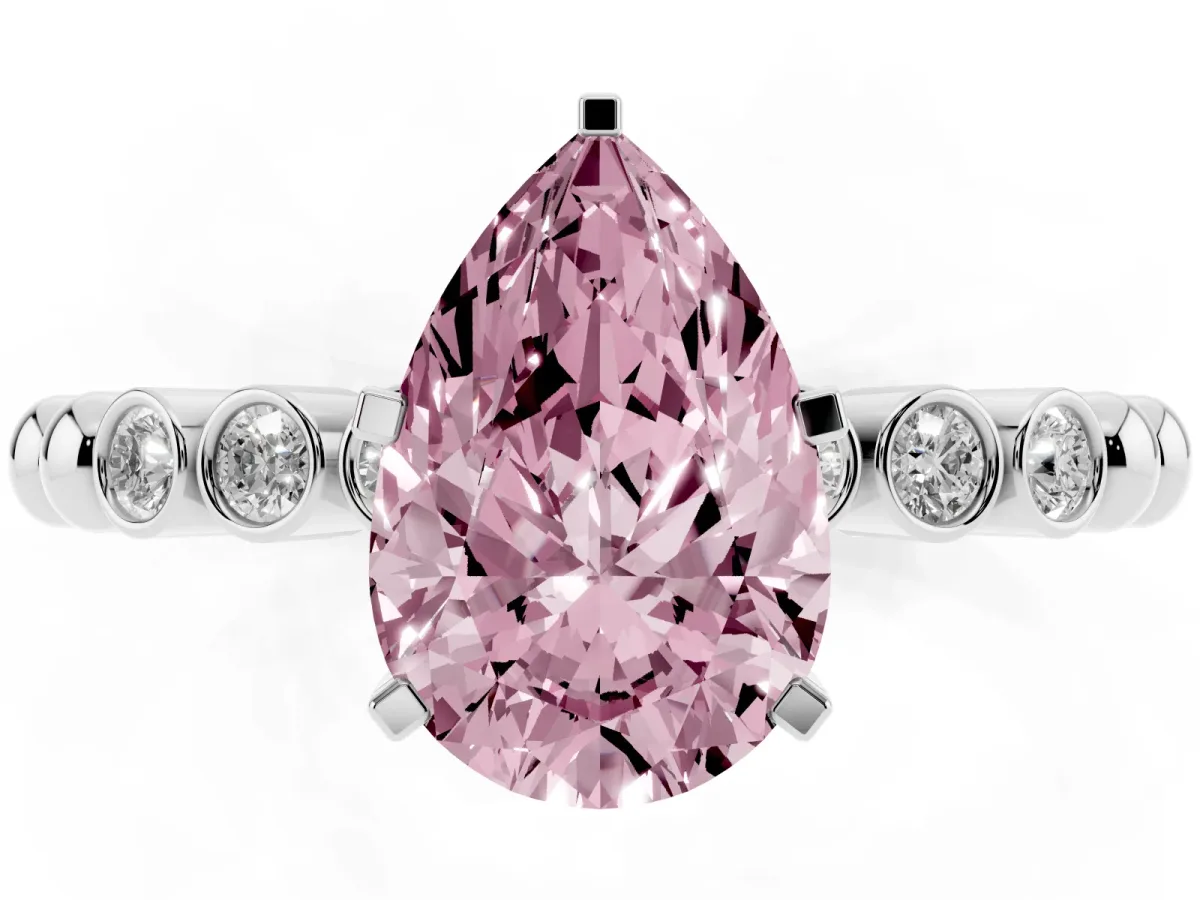 Fancy Pink Pear Cut Solitaire Bezel Accent Diamond Engagement Ring with Beaded Band and Four-Prong Setting Silver