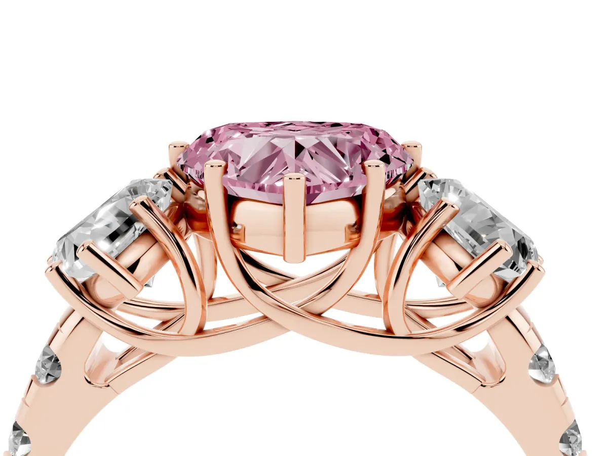 Fancy Pink Three-Stone Heart Cut Diamond Pavé Band with Prong Setting Rose gold