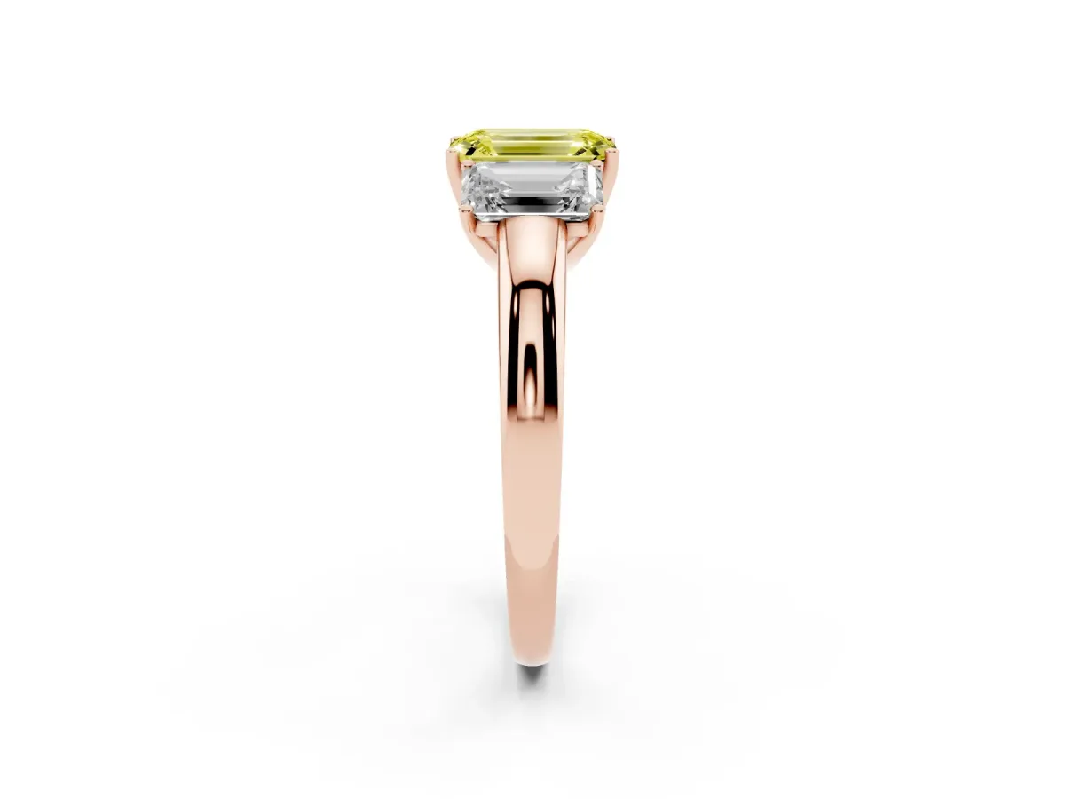 Fancy Yellow Emerald Cut Diamond Three-Stone Ring with Four-Prong Setting and Classic Band Rose gold
