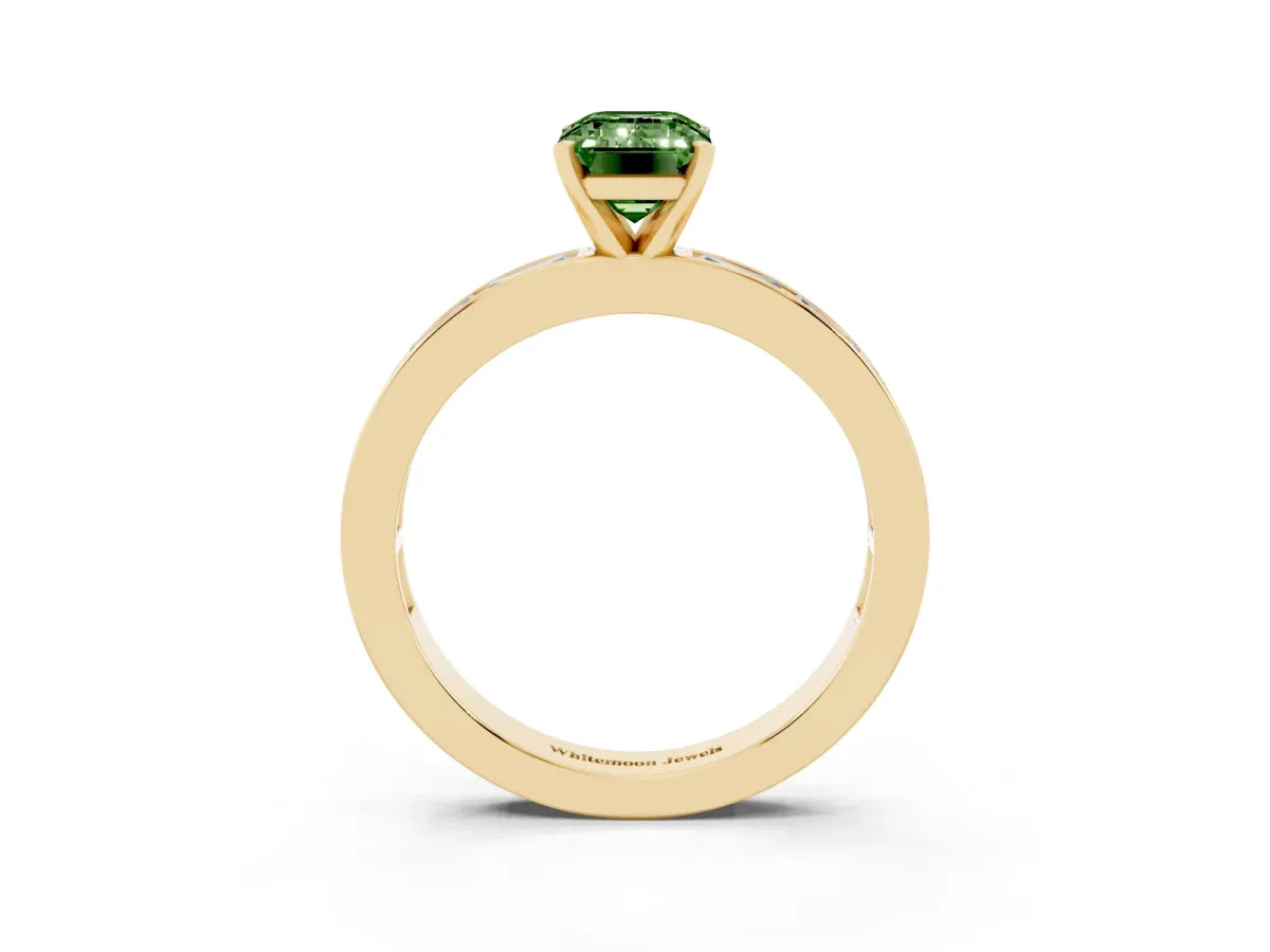 Fancy Green Emerald Cut Solitaire Diamond Ring with Channel-Set Baguette Band and Four-Prong Setting Yellow gold