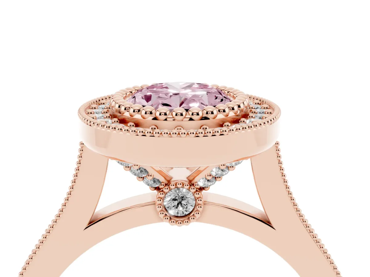 Fancy Pink Oval Cut Diamond Halo Ring with Milgrain Frame and Pavé Band Rose gold