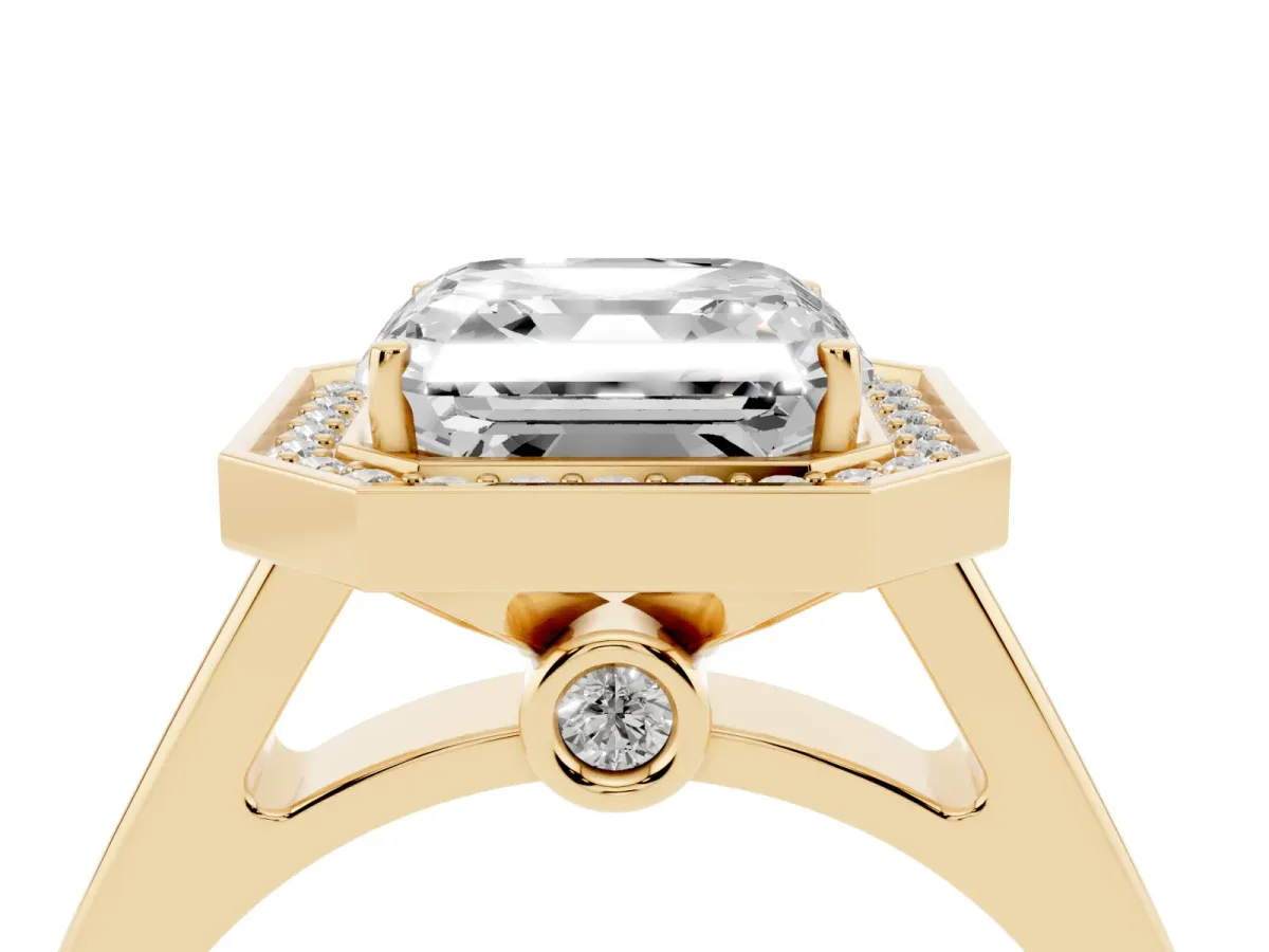 Asscher Cut Halo Solitaire Diamond Ring with Pave Band and Bezel Setting Yellow gold