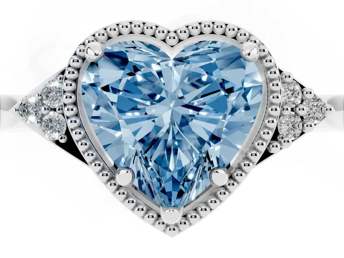 Fancy Blue Heart Cut Diamond Halo Ring with Tapered Band and Four-Prong Setting Platinum
