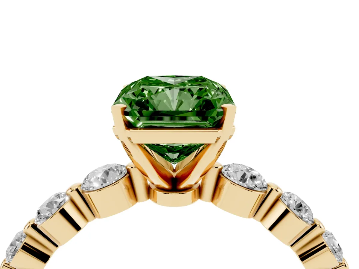 Fancy Green Radiant Cut Solitaire Diamond Ring with Pave Band and Four-Prong Setting Yellow gold