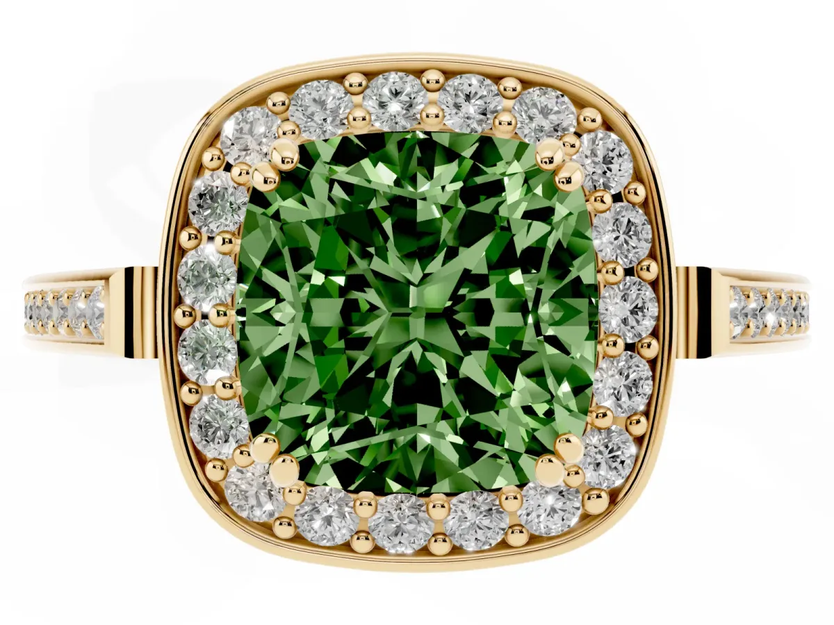 Fancy Green Cushion Cut Diamond Halo Ring with Split Shank and Four-Prong Setting Yellow gold
