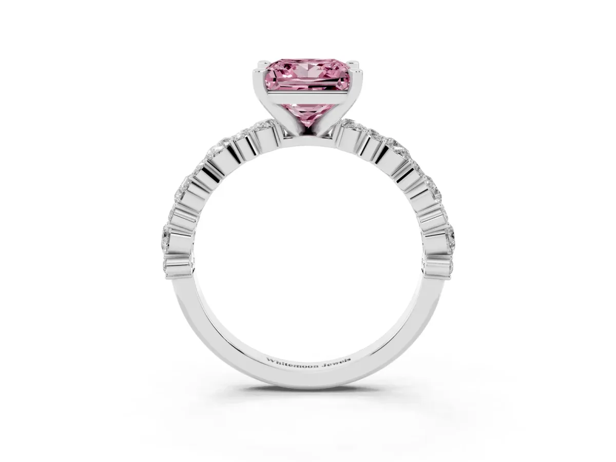 Fancy Pink Princess Cut Diamond Side Stone Solitaire Ring with Round and Four-Prong Setting Silver
