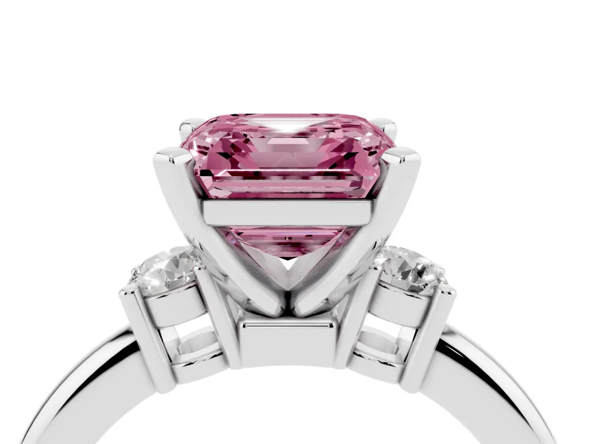 Fancy Pink Three-Stone Asscher Cut Cut Diamond Solitaire with Prong Setting and Classic Band Silver