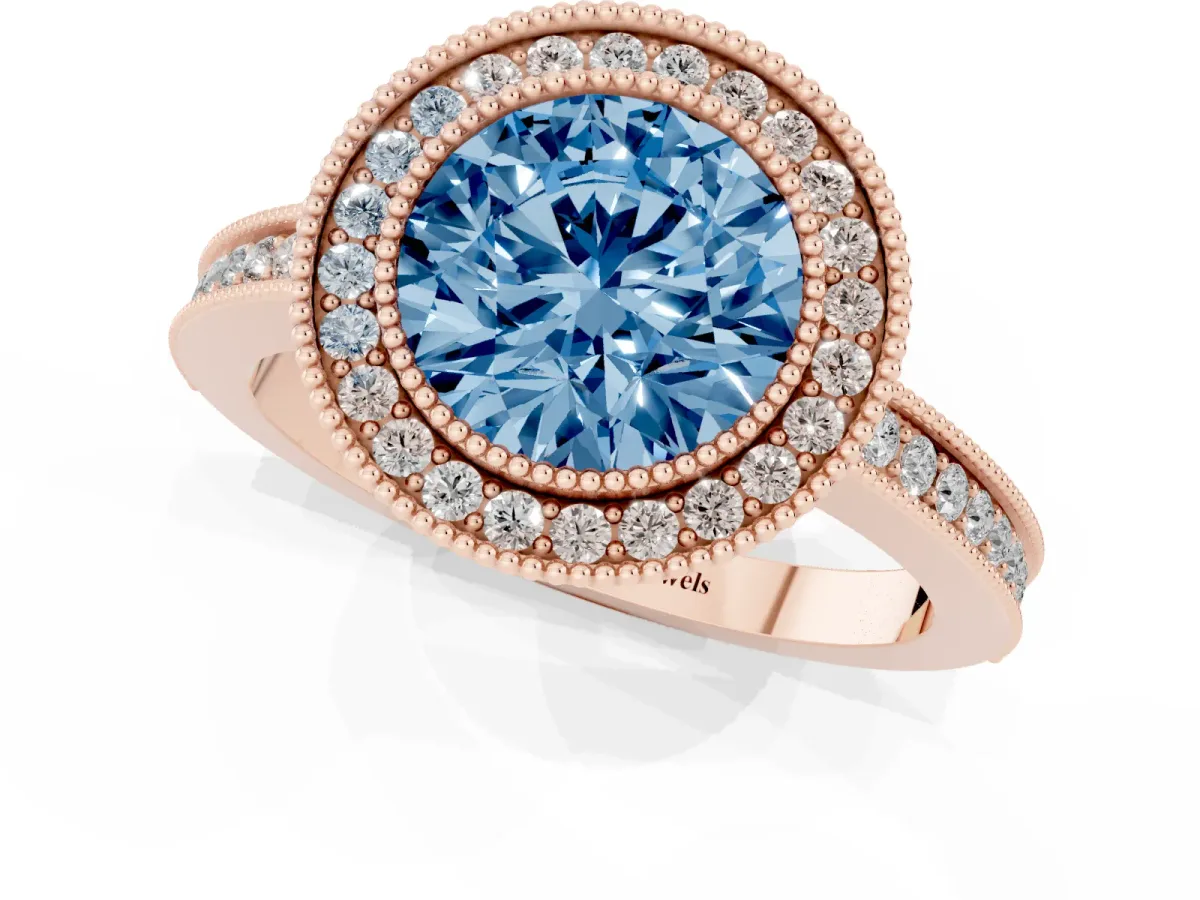 Fancy Blue Round Cut Cut Halo Diamond Ring with Pavé Band and Milgrain Prong Setting Rose gold
