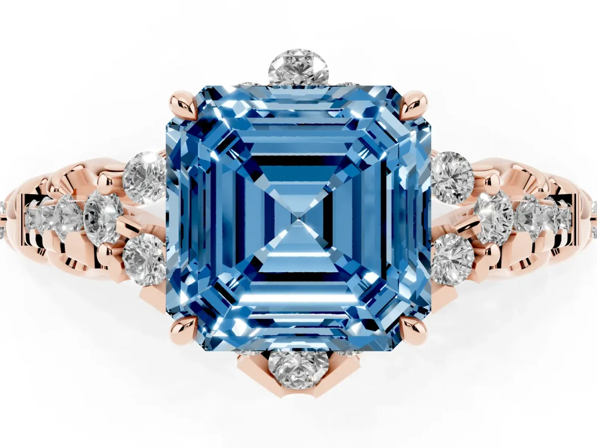 Fancy Blue Asscher Cut Diamond Solitaire Ring with Hidden Halo and Pavé Band Rose gold