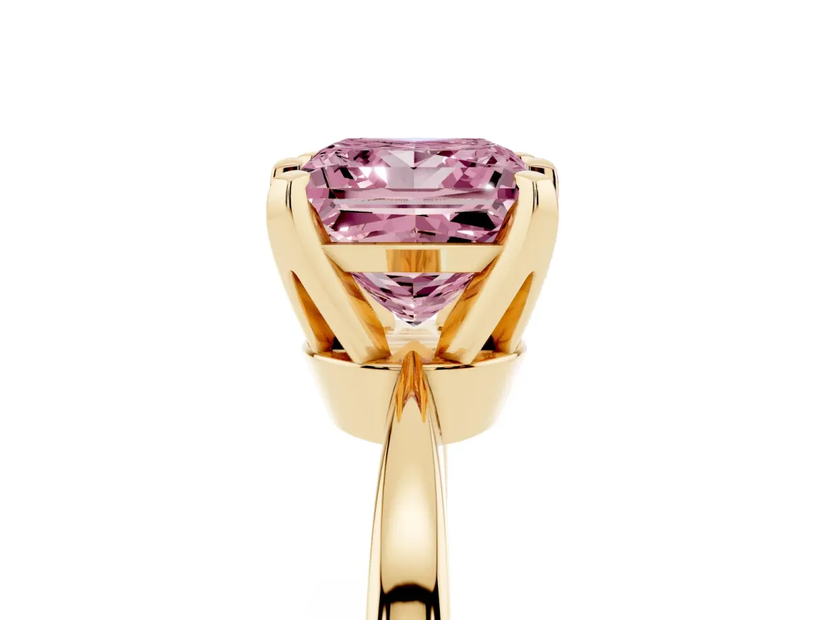 Fancy Pink Princess Cut Solitaire Engagement Ring with Six-Prong Setting and Tapered Band Yellow gold