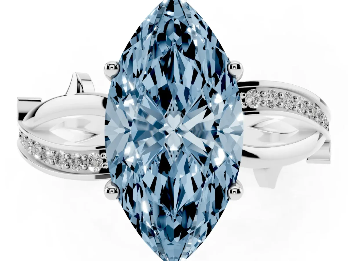 Fancy Blue Marquise Cut Solitaire Twist Band with Pavé Accents and Four-Prong Setting Silver