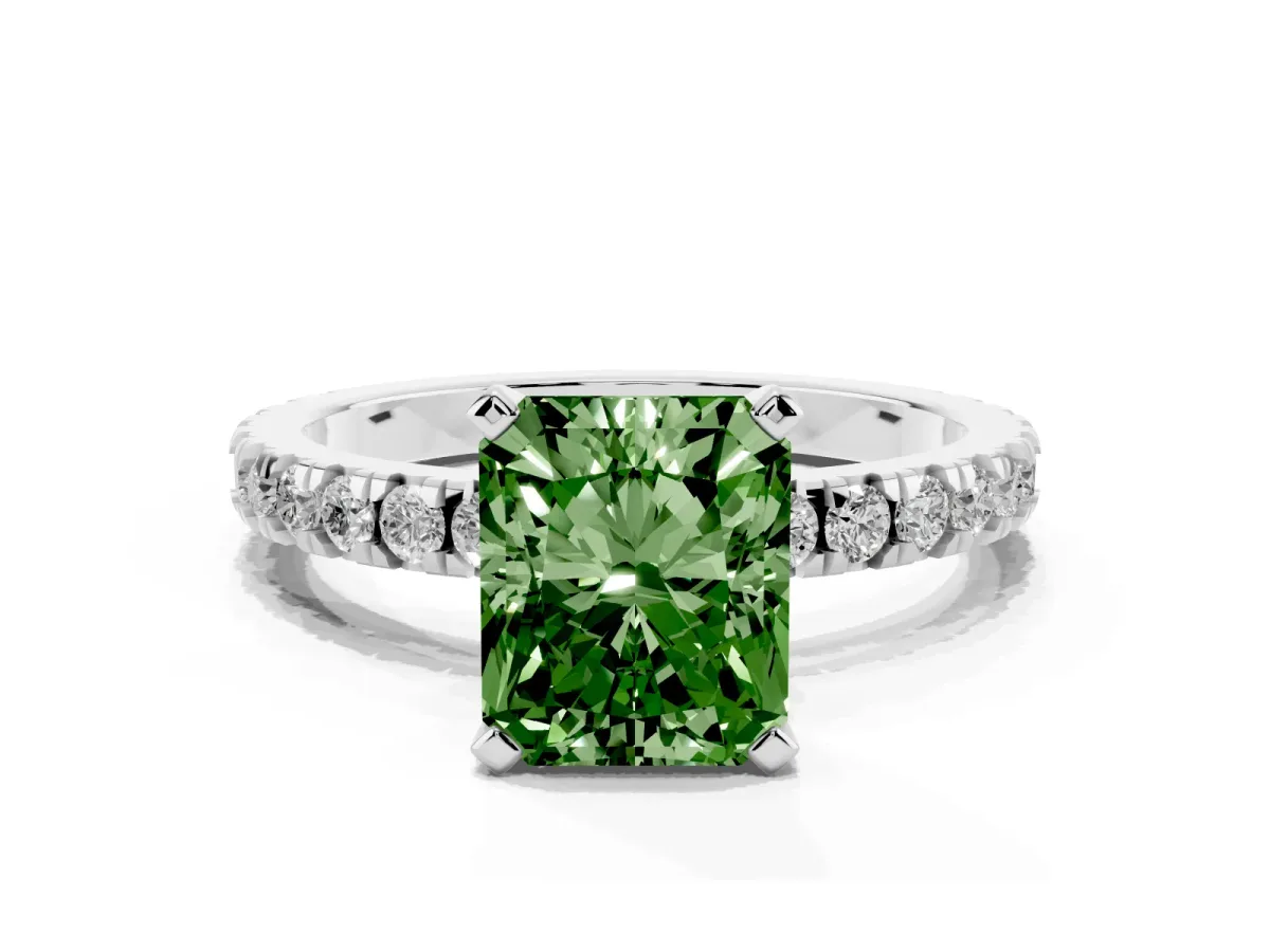 Fancy Green Radiant Cut Diamond Pavé Band Solitaire with Four-Prong Setting Silver