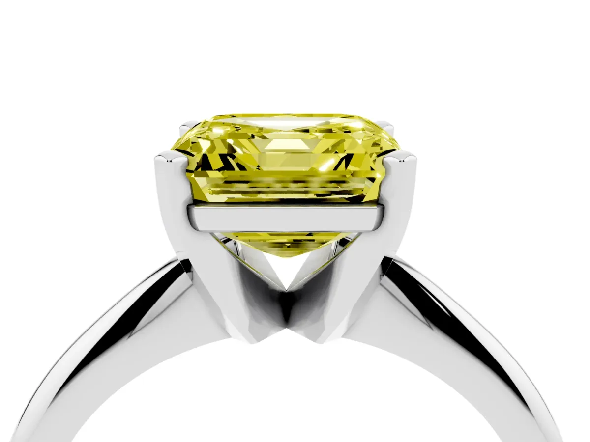 Fancy Yellow Asscher Cut Cut Solitaire Ring with Four-Prong Setting on a Classic Band Silver