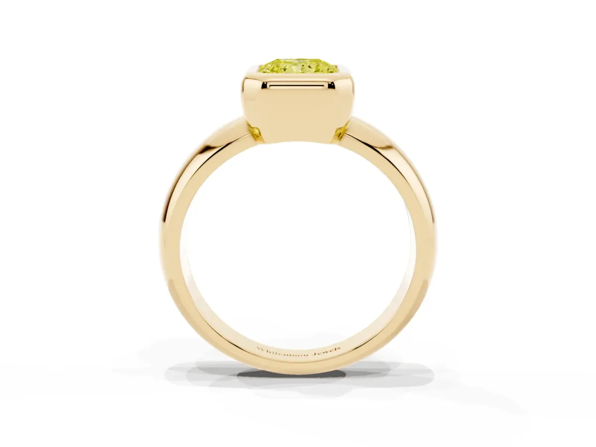 Fancy Yellow Bezel Set Radiant Cut Solitaire Ring with Wide Band Yellow gold