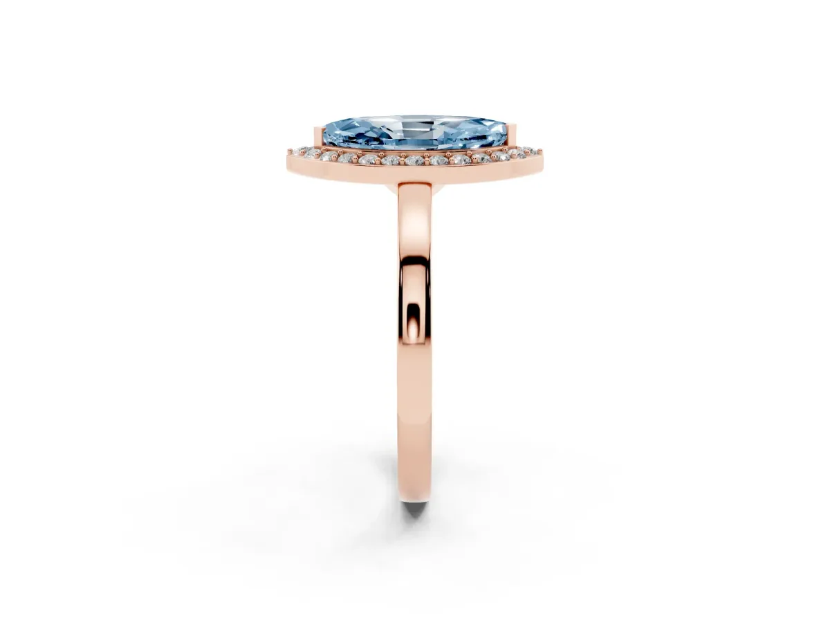 Fancy Blue Marquise Cut Halo Diamond Ring with Solitaire Band and Prong Setting Rose gold