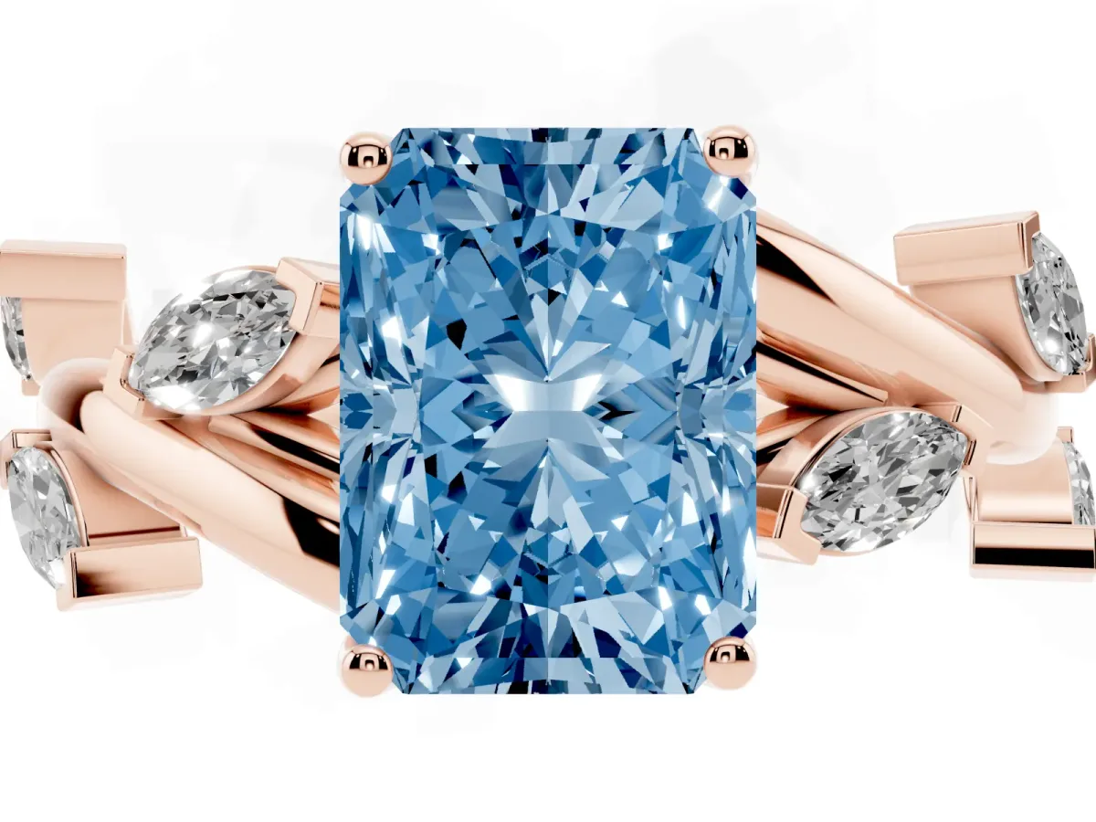 Fancy Blue Radiant Cut Solitaire Twisted Band Marquise Accent Prong Setting Ring Rose gold