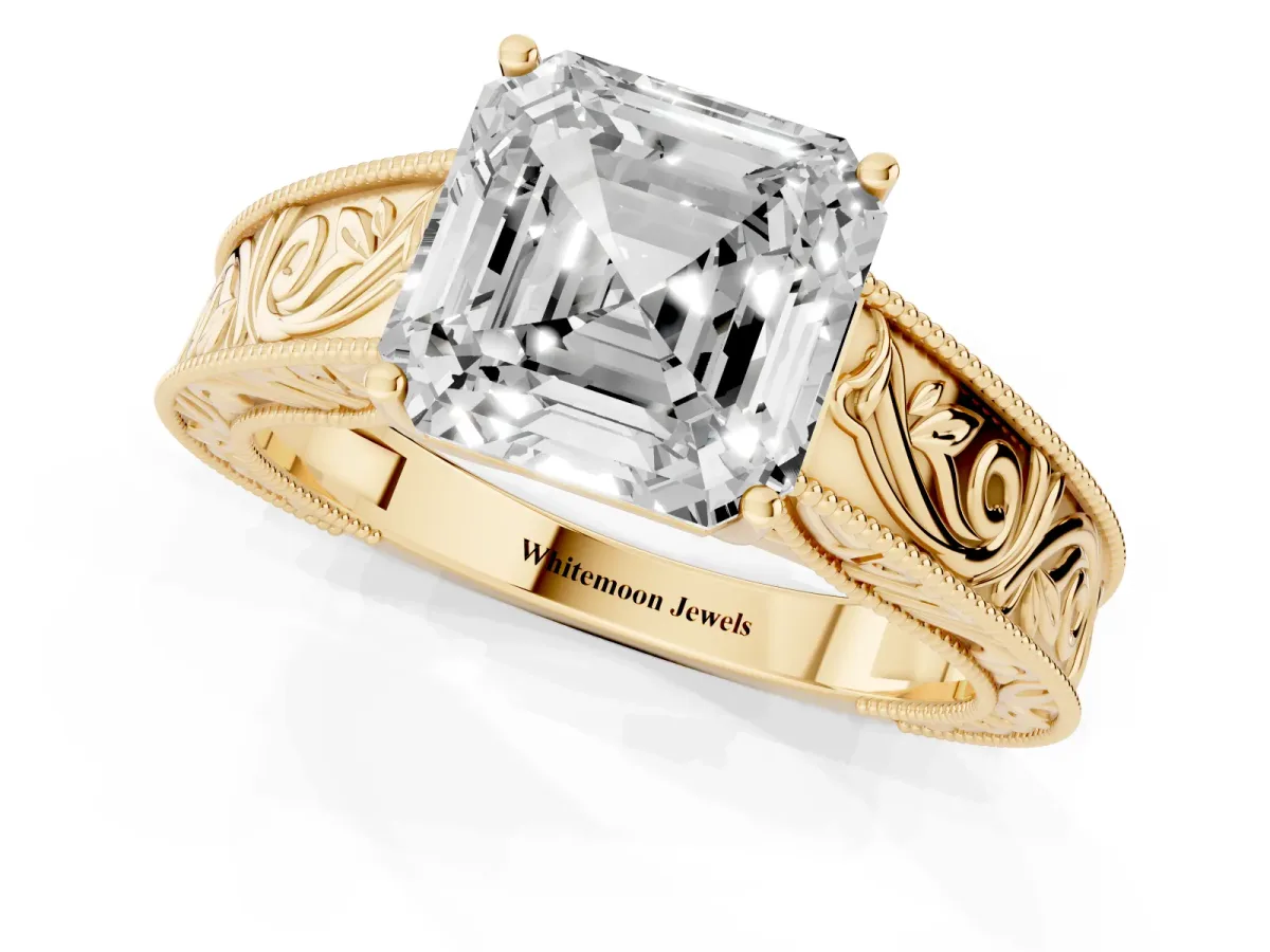 Asscher Cut Diamond Solitaire Ring with Engraved Band and Four-Prong Setting Yellow gold