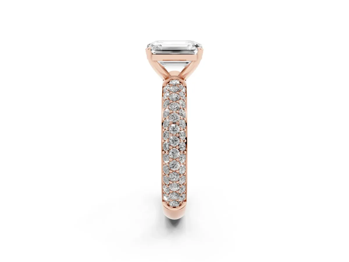 Emerald Cut Diamond Solitaire Ring with Prong Setting and Pavé Band Rose gold
