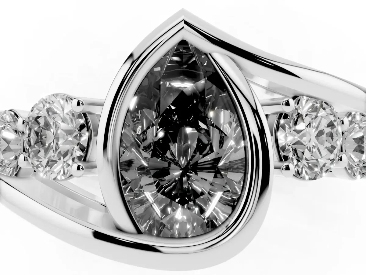 Fancy Black Bezel Set Pear Cut Diamond Bypass Ring with Round Accents Silver