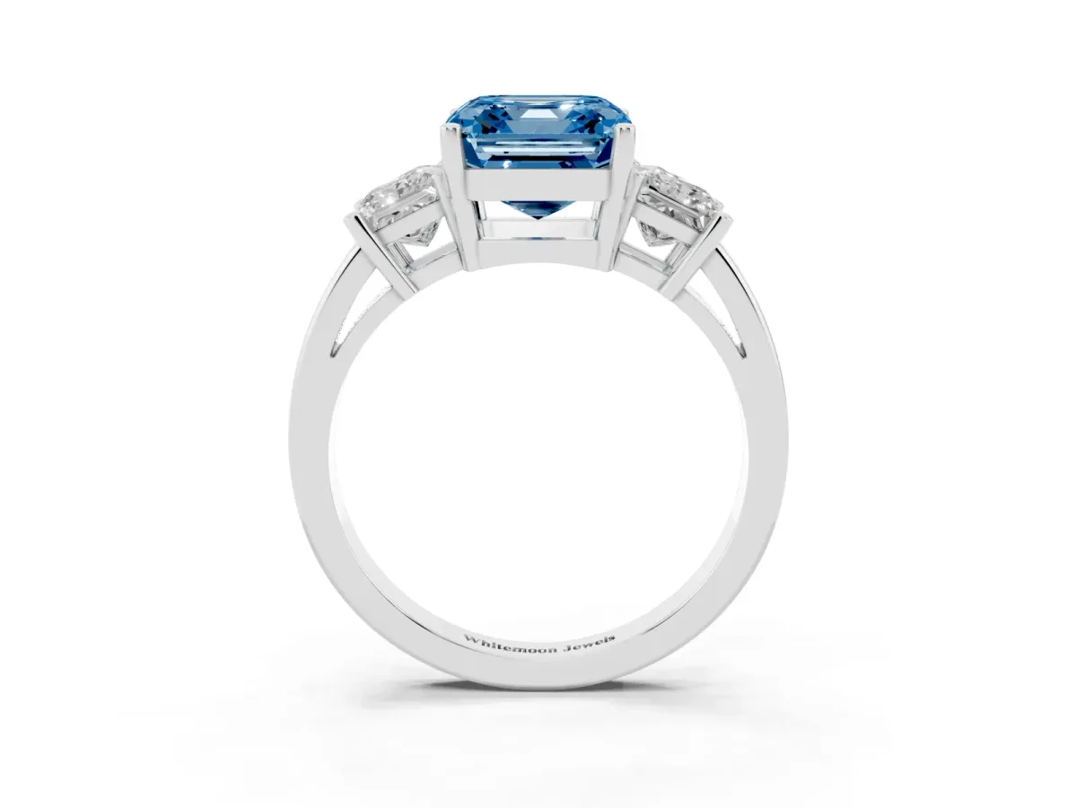 Fancy Blue Three-Stone Asscher Cut Cut Solitaire Ring with Prong Setting Platinum