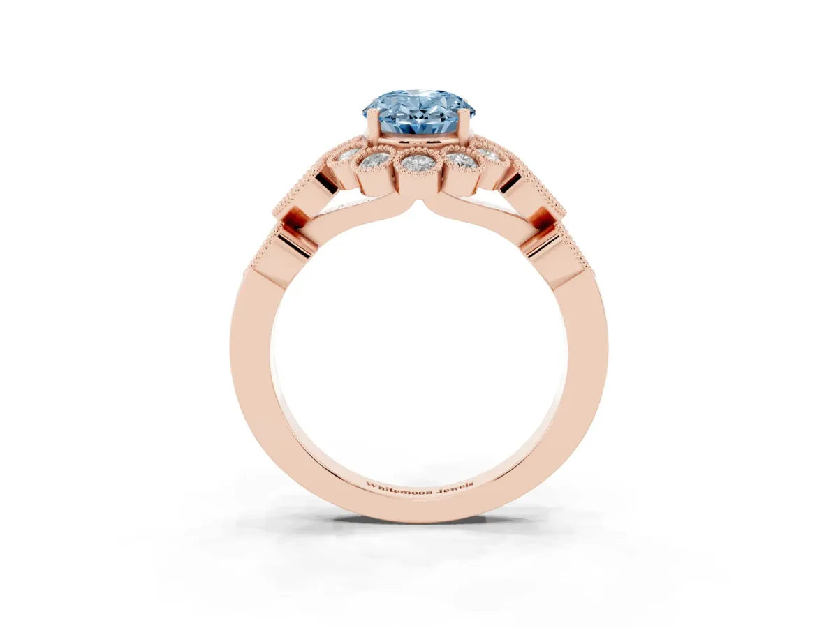 Fancy Blue Oval Cut Brilliant Milgrain Pave Heart Band Solitaire Ring Rose gold