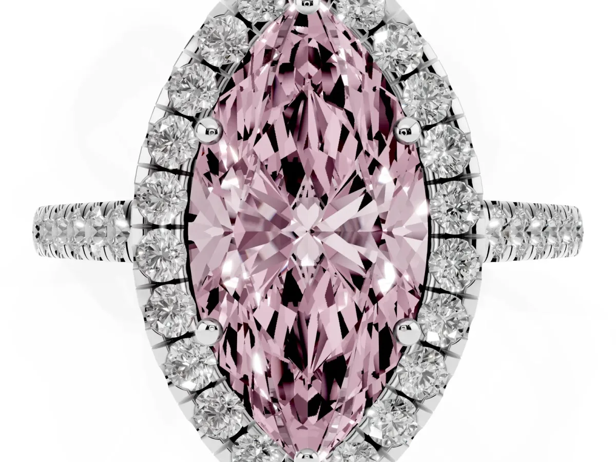Fancy Pink Marquise Cut Halo Pave Diamond Engagement Ring with Four-Prong Setting Platinum