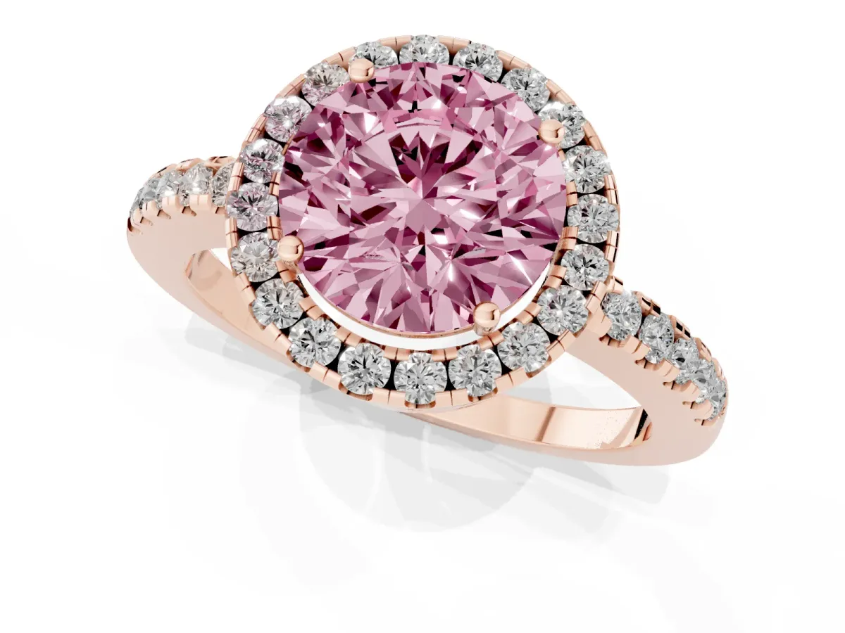 Fancy Pink Round Cut Halo Diamond Engagement Ring with Pavé Band and Four-Prong Setting Rose gold