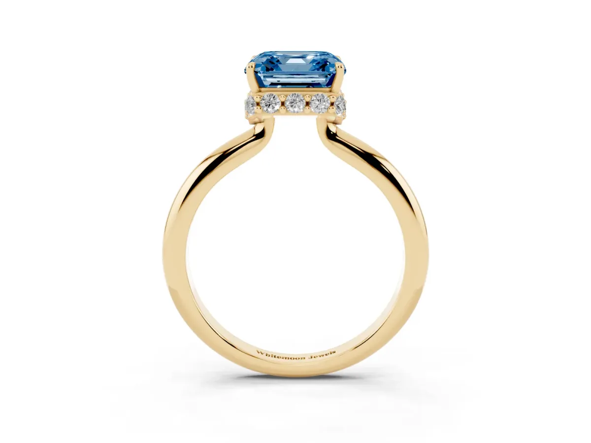 Fancy Blue Asscher Cut Brilliant Solitaire Engagement Ring with Six-Prong Setting and Classic Band Yellow gold