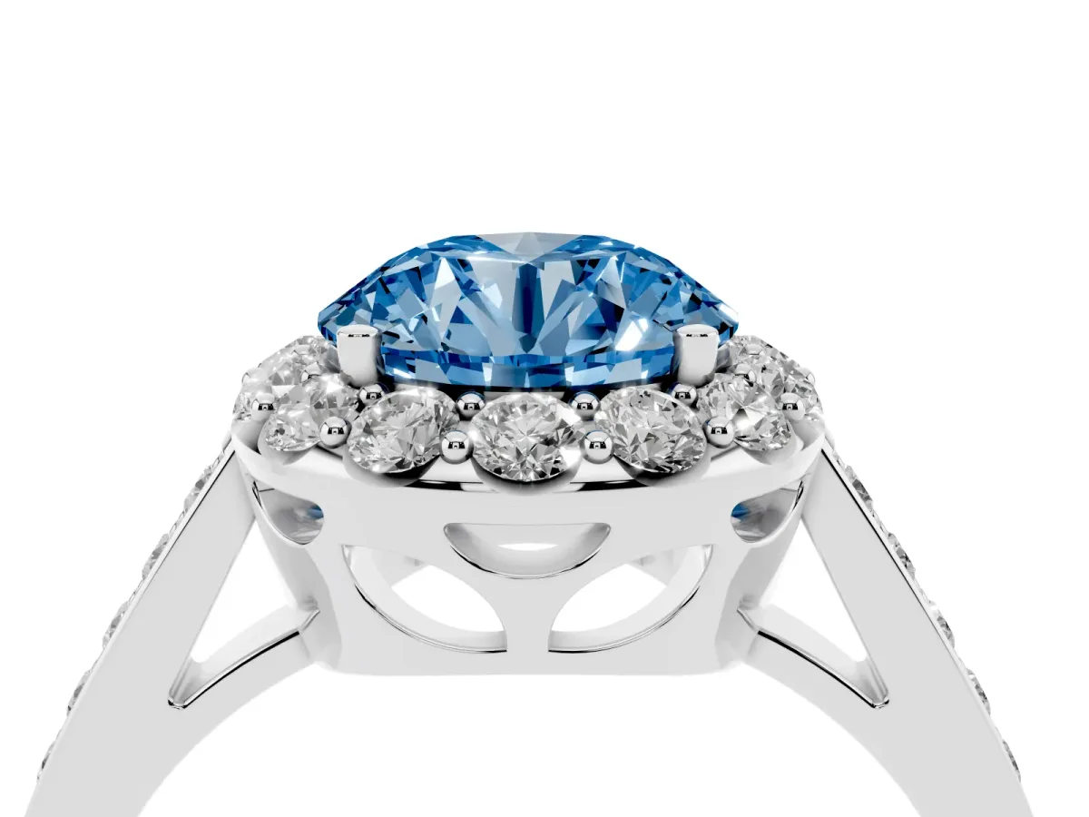 Fancy Blue Round Cut Diamond Floral Halo Ring with Pavé Band and Prong Setting Silver