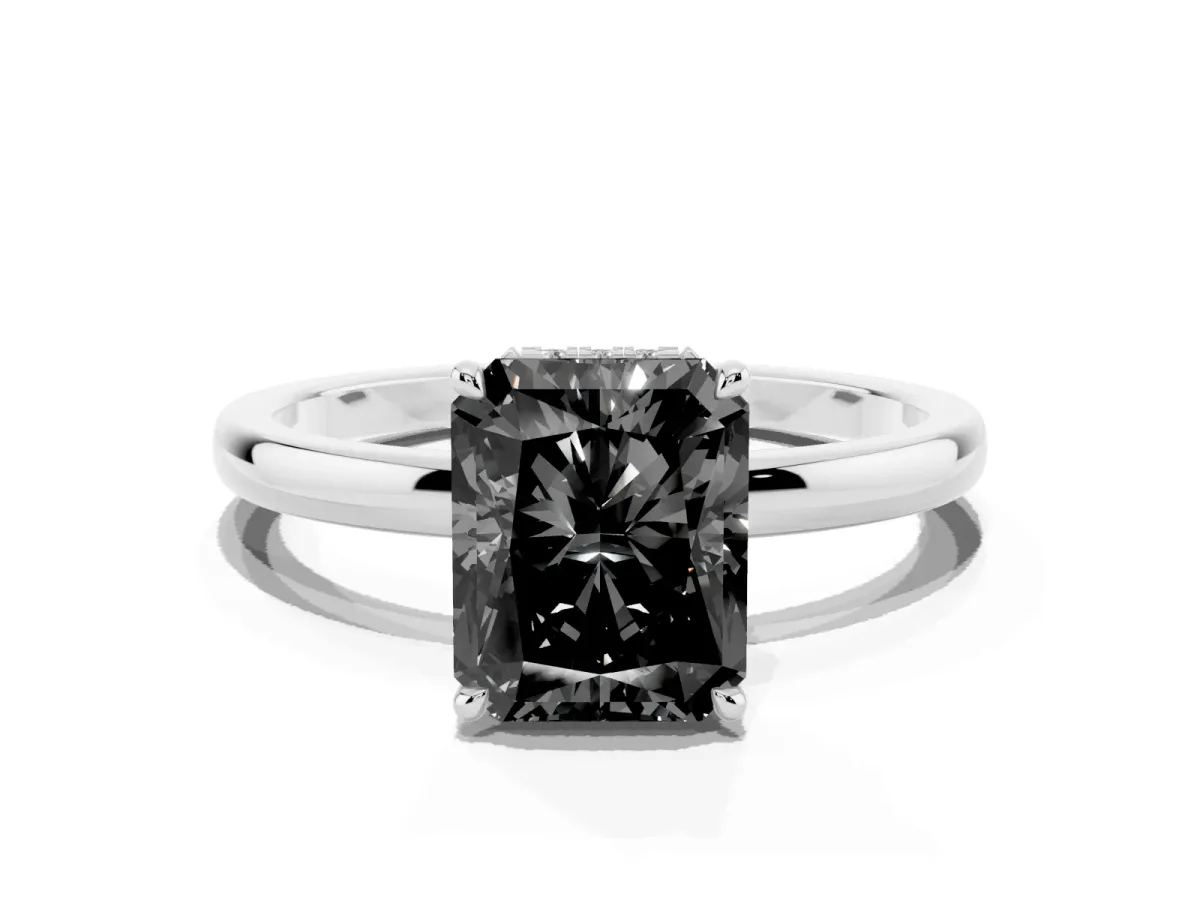 Fancy Black Radiant Cut Solitaire Engagement Ring with Cathedral Band and Four-Prong Setting Silver