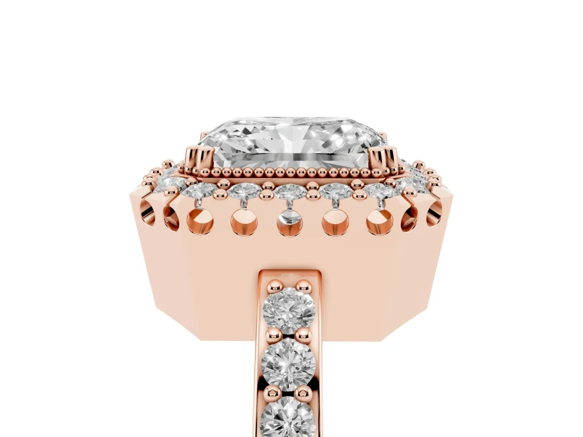Radiant Cut Diamond Halo Ring with Pavé Band and Prong Setting Rose gold