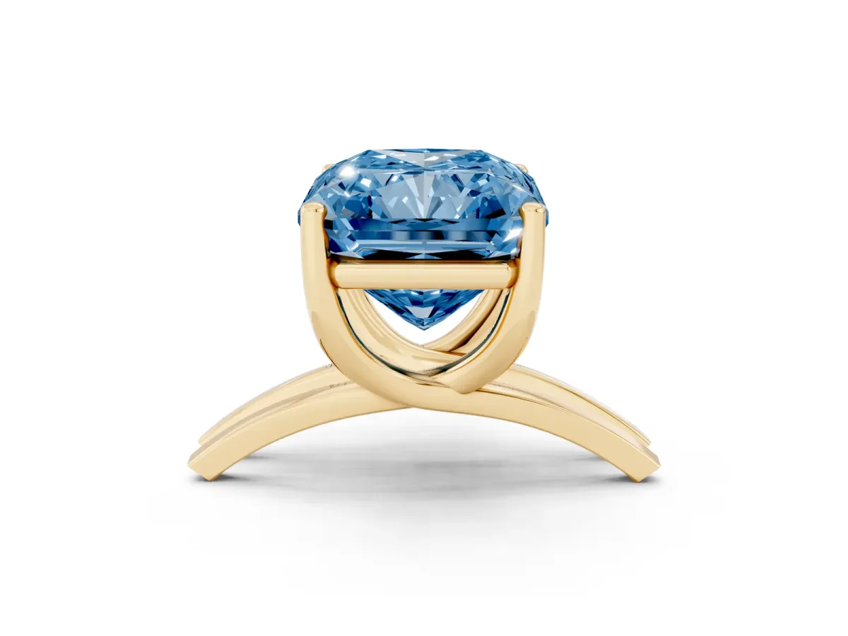 Fancy Blue Radiant Cut Cut Diamond Solitaire Engagement Ring with Tapered Plain Band and Four-Prong Setting Yellow gold