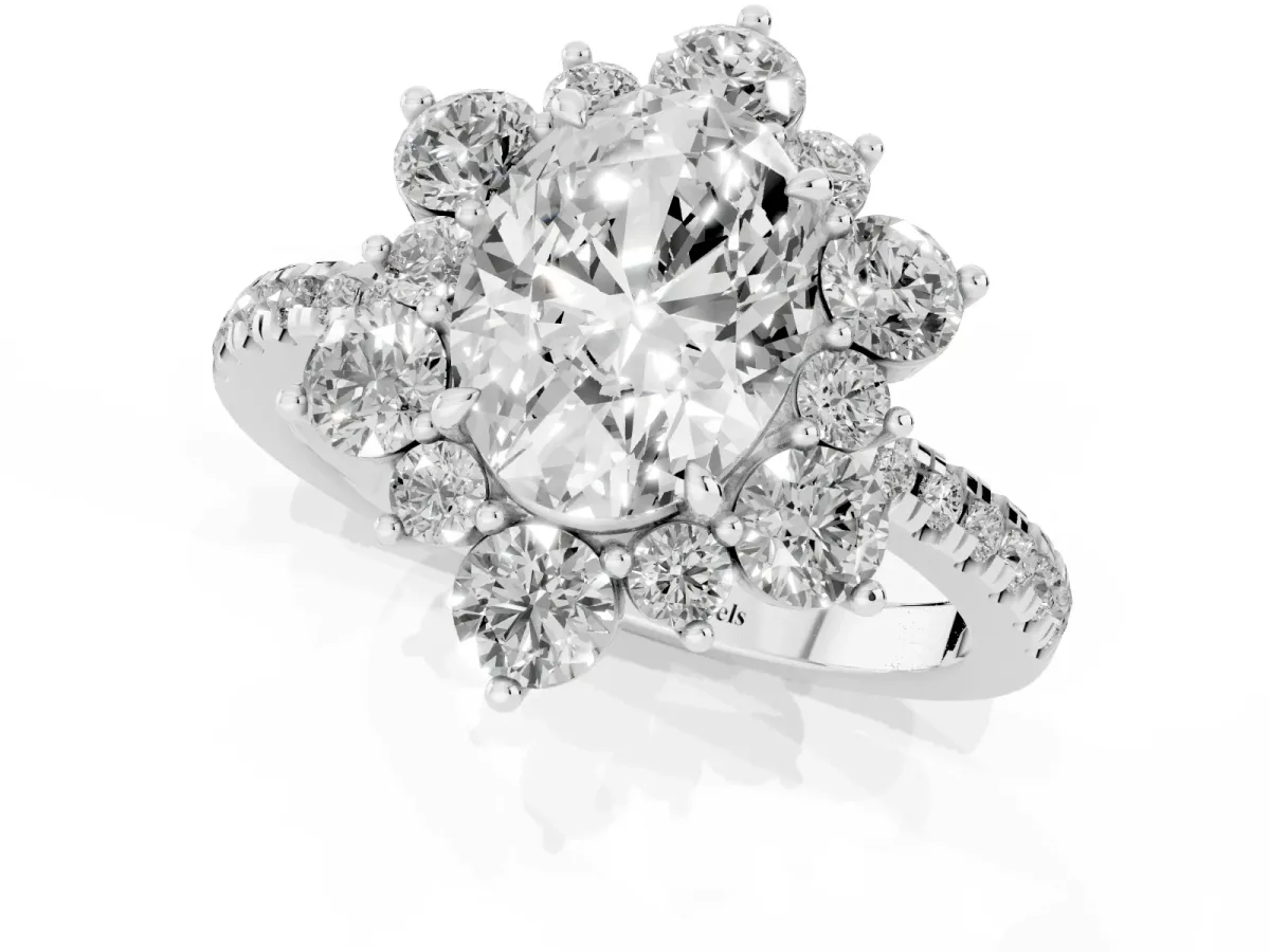 Oval Cut Diamond Floral Halo Ring with Round Pavé Band and Prong Setting White gold