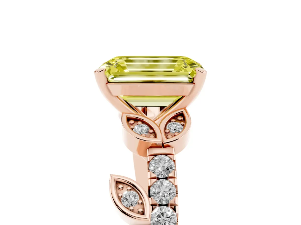 Fancy Yellow Emerald Cut Solitaire Leaf-Inspired Diamond Ring with Pavé Band and Four-Prong Setting Rose gold