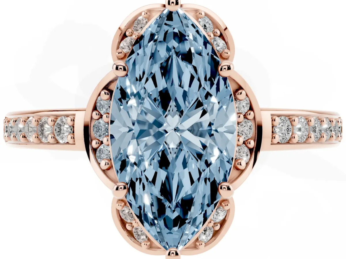 Fancy Blue Marquise Cut Cut Halo Diamond Ring with Channel Set Band and Four-Prong Setting Rose gold