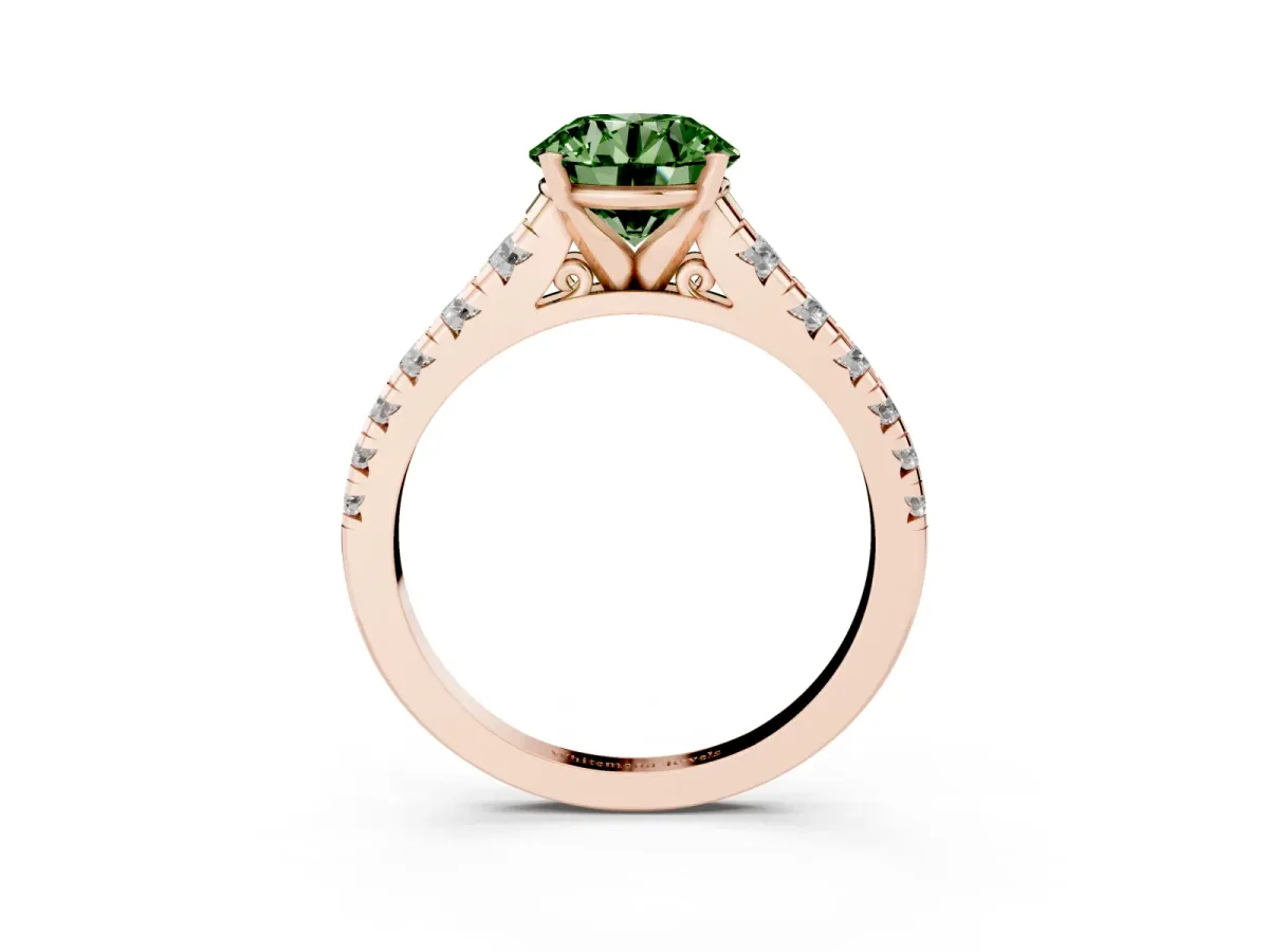 Fancy Green Round Cut Diamond Cathedral Solitaire Ring with Round Pavé Band Rose gold