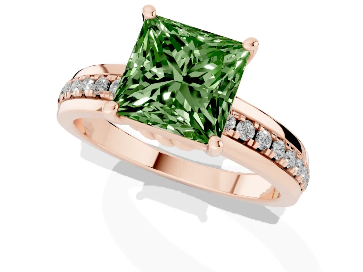 Fancy Green Princess Cut Solitaire Diamond Ring with Channel Set Band and Six-Prong Setting Rose gold