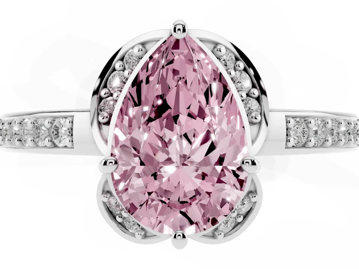 Fancy Pink Pear Cut Cut Halo Diamond Ring with Channel Set Band and Four-Prong Setting Platinum