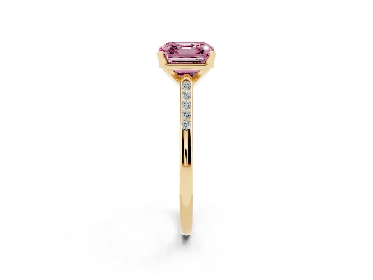 Fancy Pink Asscher Cut Diamond Solitaire Ring with Channel Set Round Band and Prong Setting Yellow gold