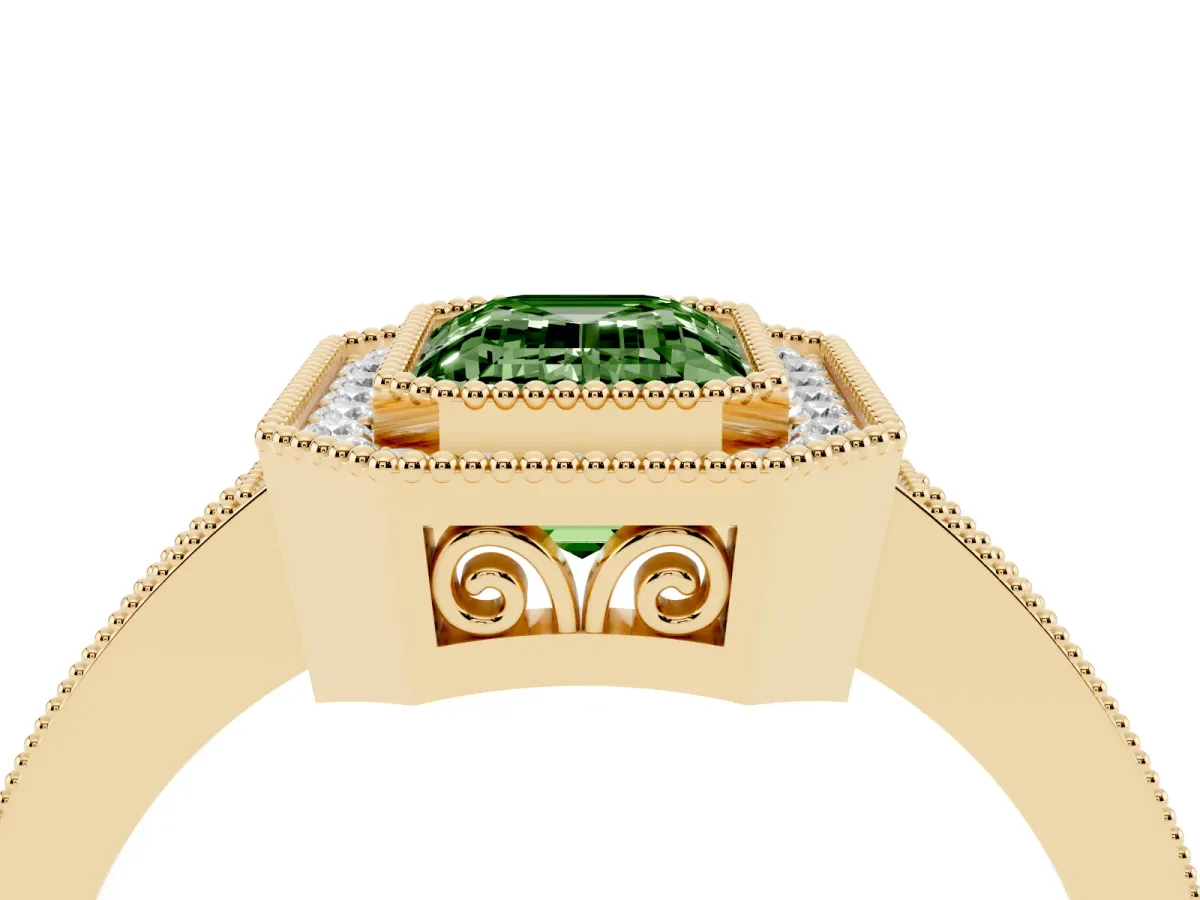 Fancy Green Emerald Cut Cut Halo Diamond Ring with Pavé Band and Milgrain Prong Setting Yellow gold