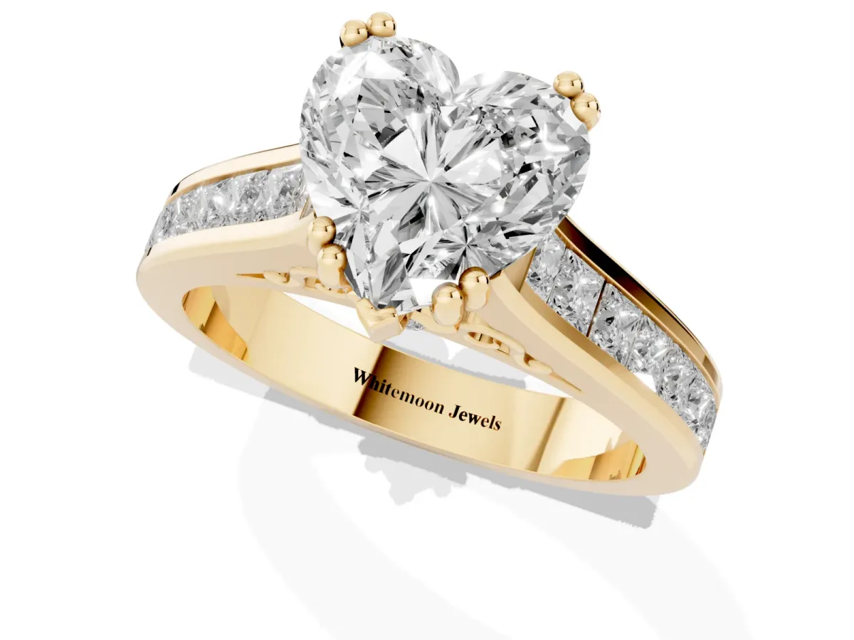 Heart Cut Cut Channel Set Solitaire Engagement Ring with Prong Setting Yellow gold
