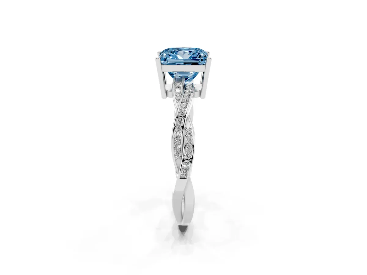 Fancy Blue Princess Cut Solitaire Twisted Pave Diamond Ring with Four-Prong Setting Silver