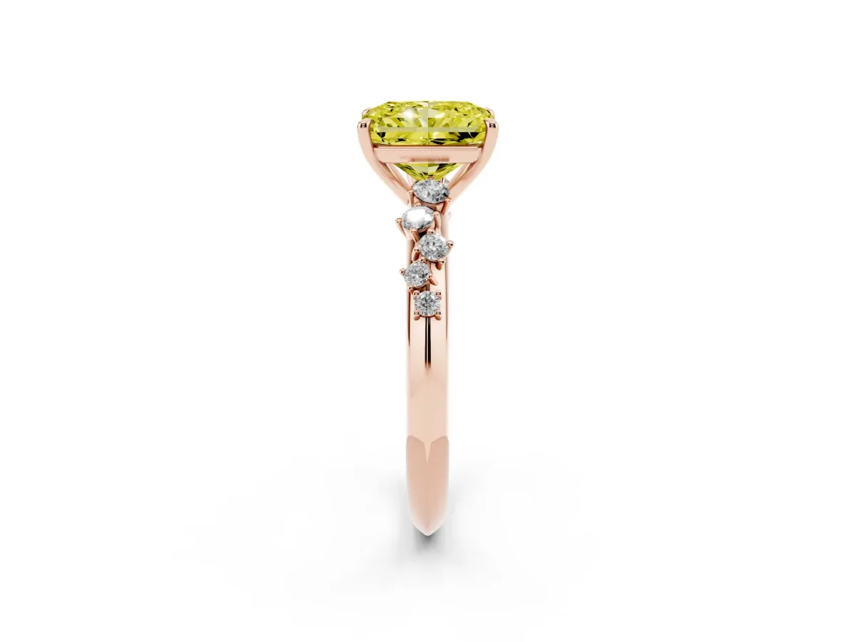 Fancy Yellow Radiant Cut Diamond Cluster Side Stone Solitaire Ring with Prong Setting Rose gold
