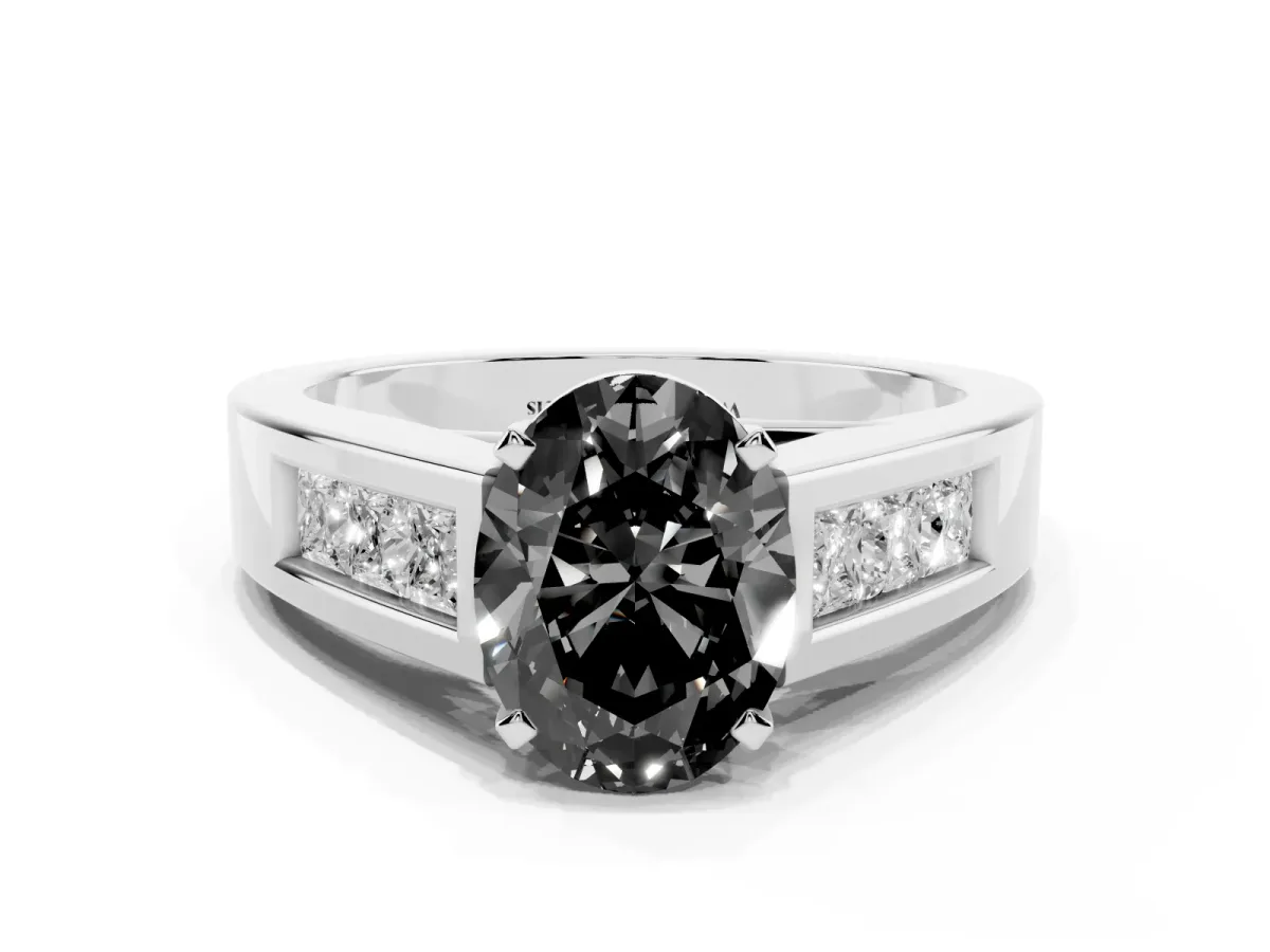 Fancy Black Oval Cut Cut Channel Set Solitaire Ring with Four-Prong Setting White gold