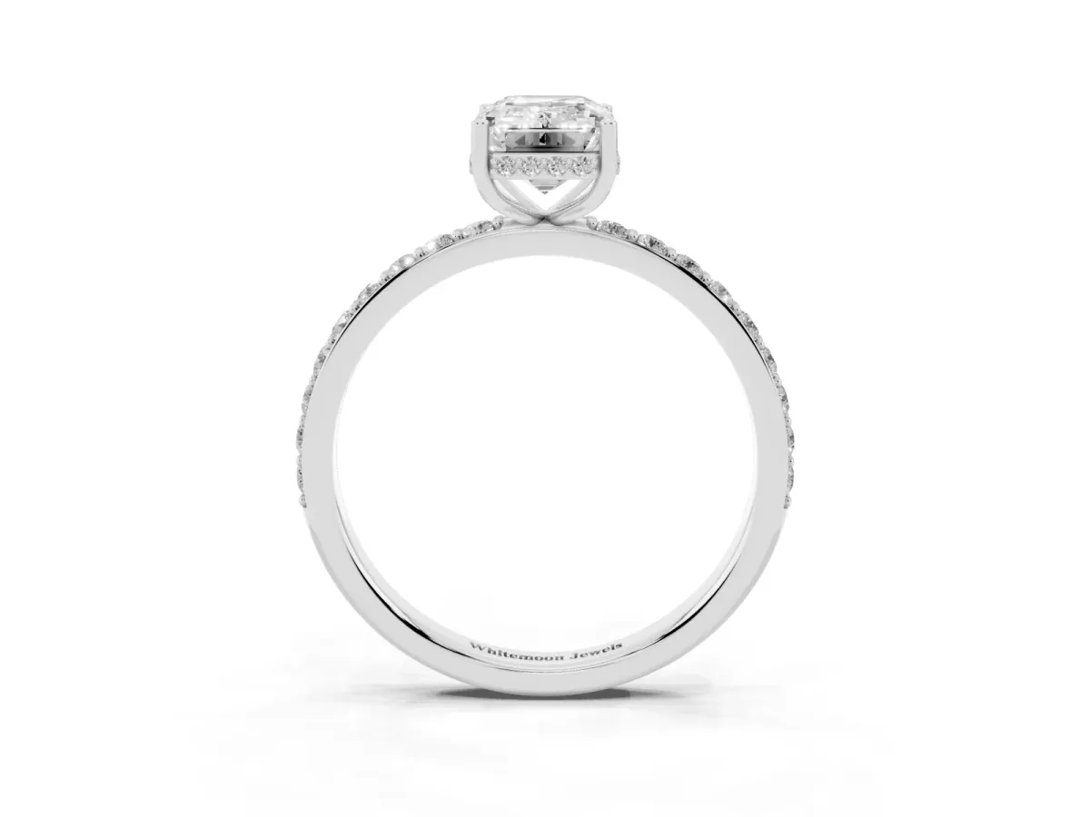 Emerald Cut Diamond Solitaire Ring with Pavé Band and Hidden Halo Silver