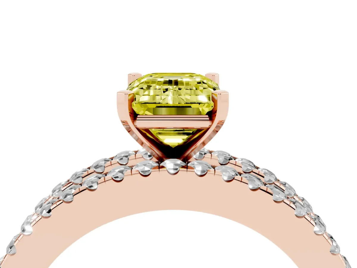 Fancy Yellow Emerald Cut Diamond Solitaire Ring with Pavé and Channel Set Band Rose gold