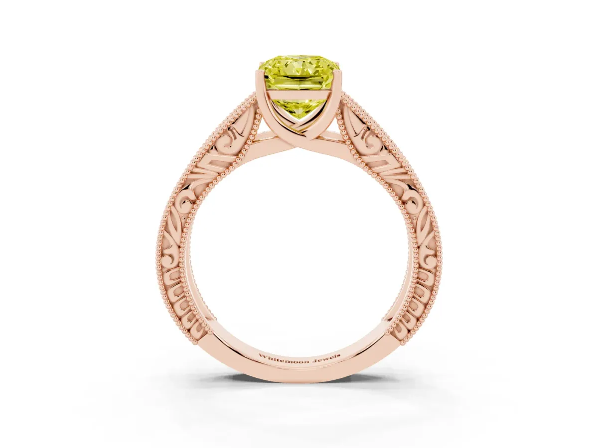 Fancy Yellow Radiant Cut Diamond Solitaire Ring with Engraved Band and Four-Prong Setting Rose gold