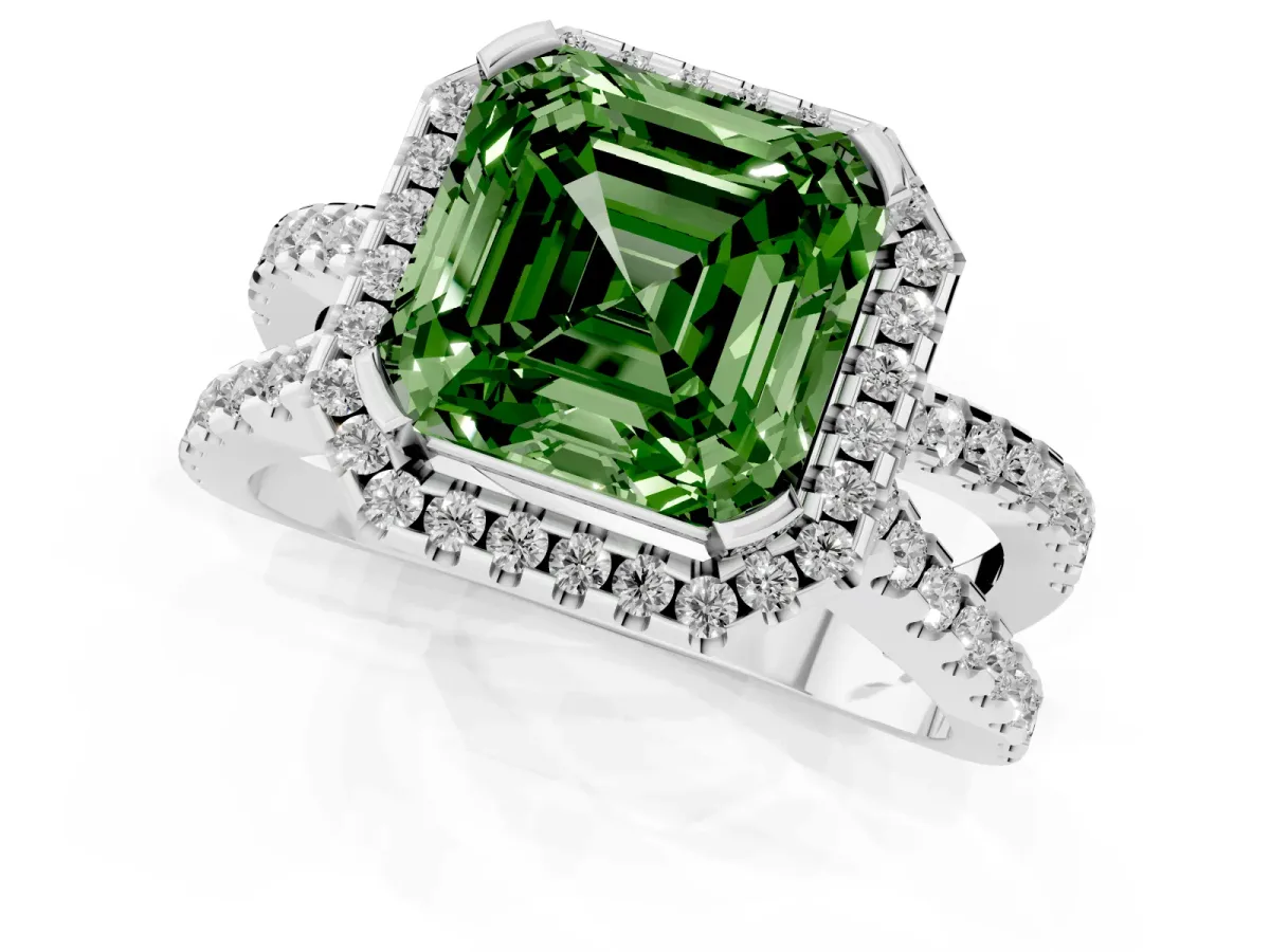 Fancy Green Asscher Cut Diamond Halo Ring with Split Shank Pavé Band and Prong Setting Silver