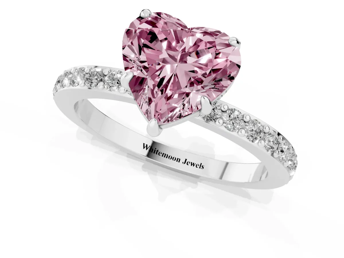 Fancy Pink Heart Cut Diamond Pavé Engagement Ring with Round Accents and Prong Setting White gold