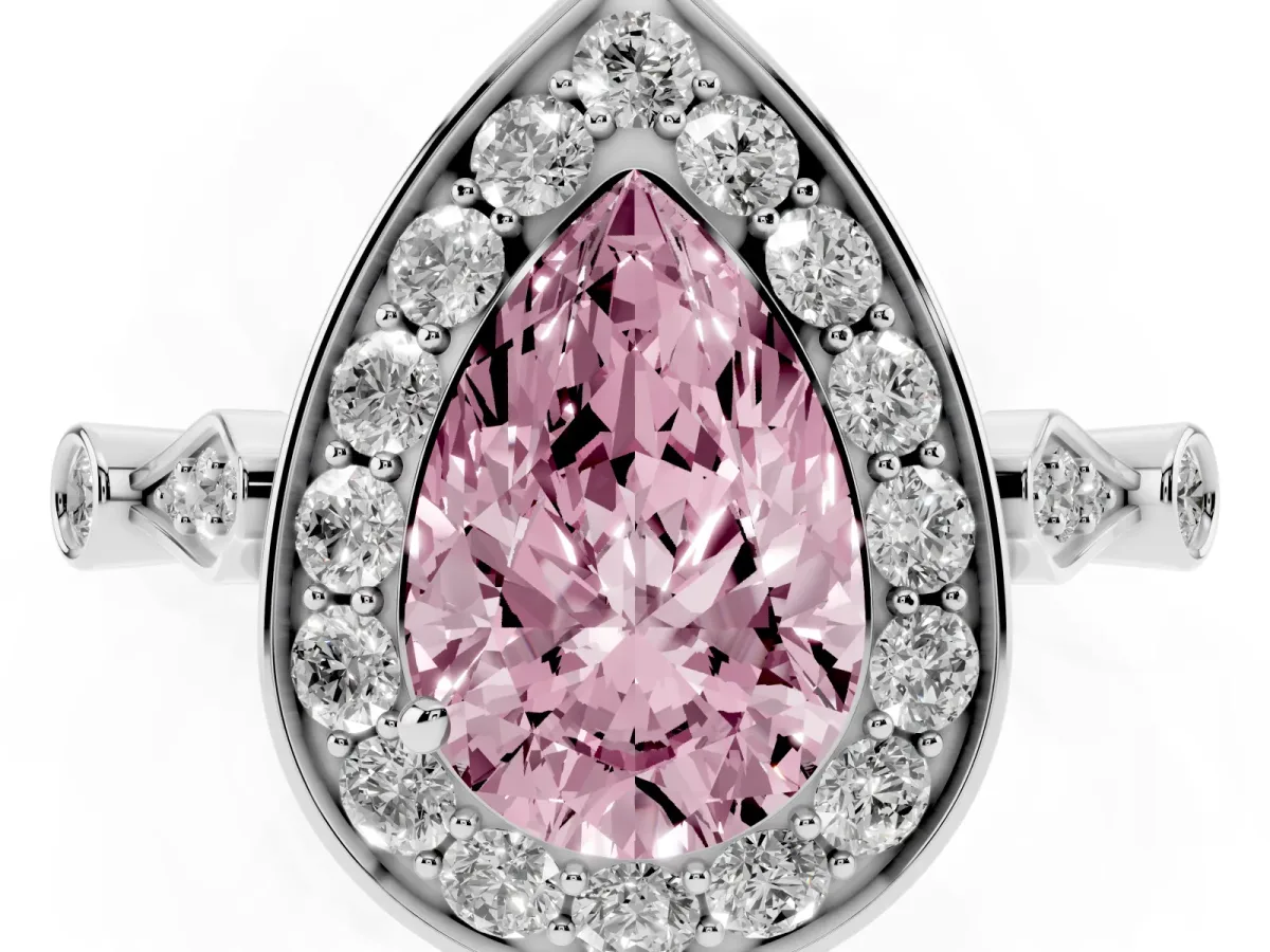 Fancy Pink Pear Cut Halo Diamond Engagement Ring with Twisted Band and Four-Prong Setting Silver